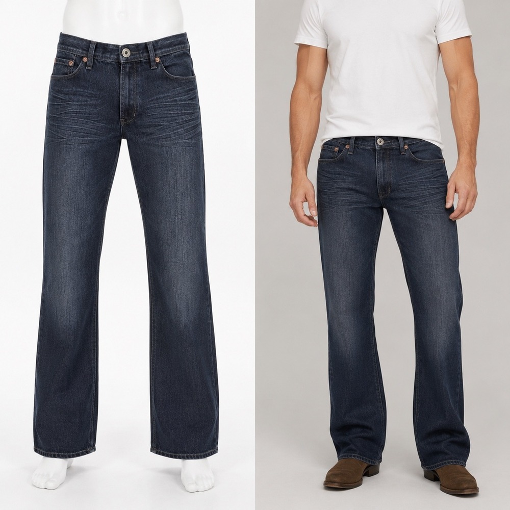 Structure Jeans Mens 32x30 Dark Wash Low Boot Cut Y2K Whiskered Denim Pants